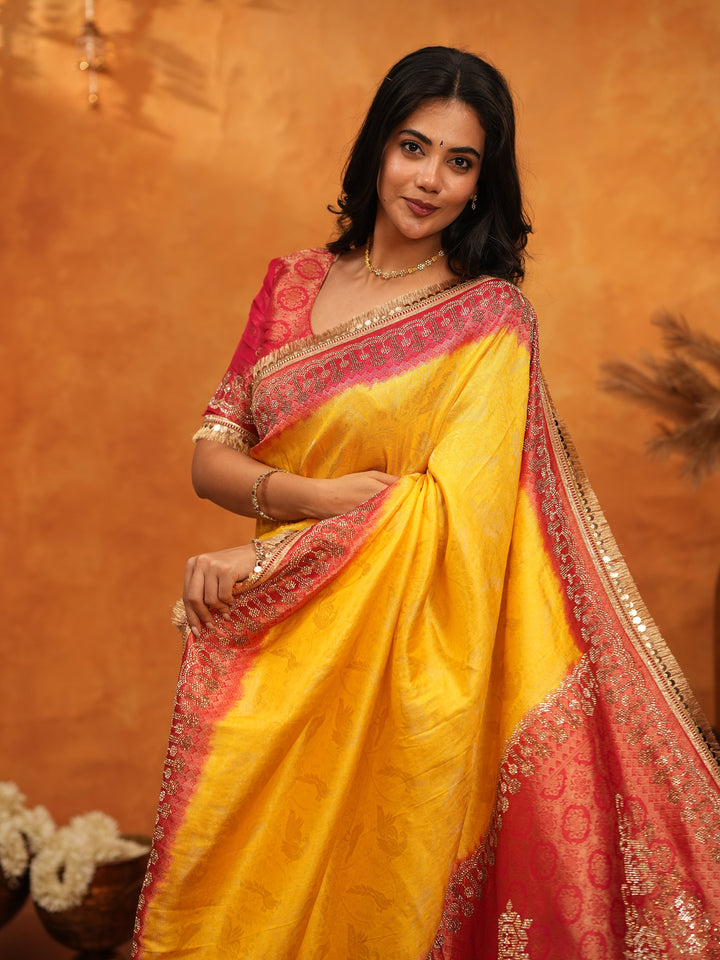 Vibrant Yellow Banarasi Silk Saree with Red Contrast Zari Border & Rich Woven Pallu | Designer Festive & Wedding Wear Saree