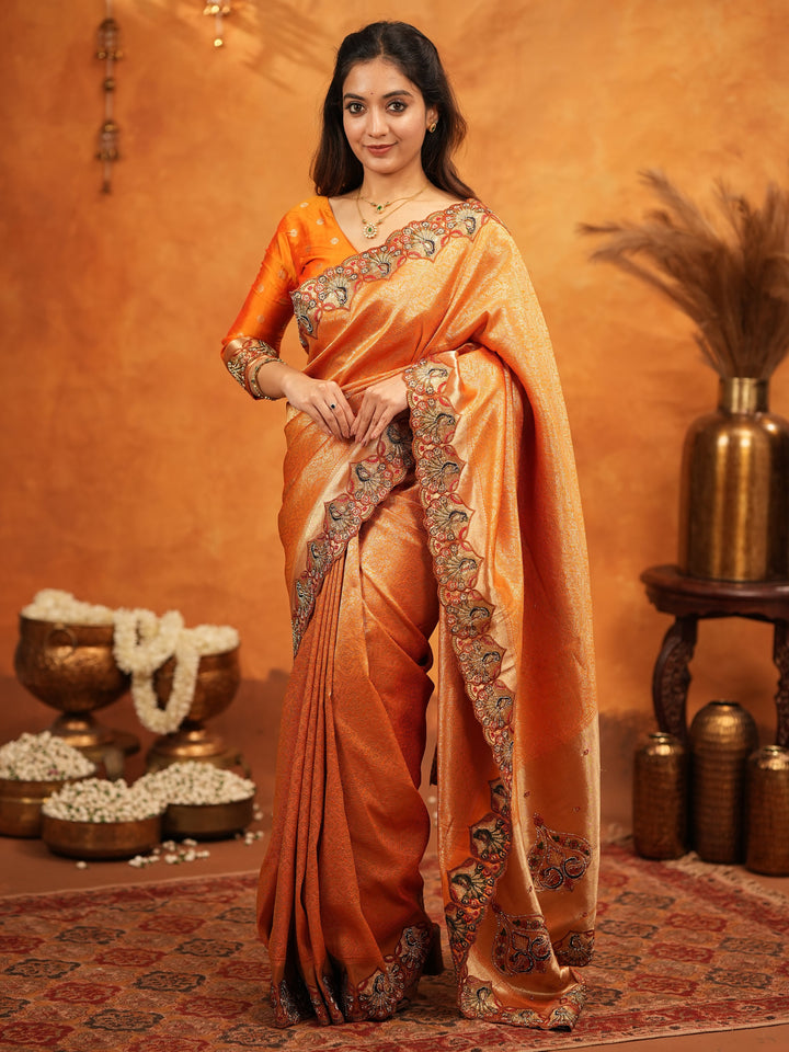 Rust Orange Banarasi Silk Embroidered Saree with Royal Floral Border & Zari Weaving | Heavy Embroidered Blouse with Tassels | Wedding & Festive Wear Saree
