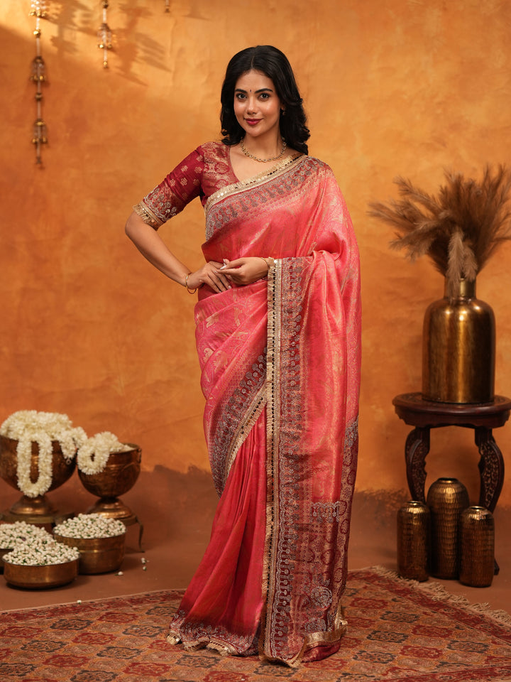 Graceful Coral Pink Banarasi Silk Saree with Rich Zari Border & Contrast Blouse | Designer Wedding & Festive Wear Saree