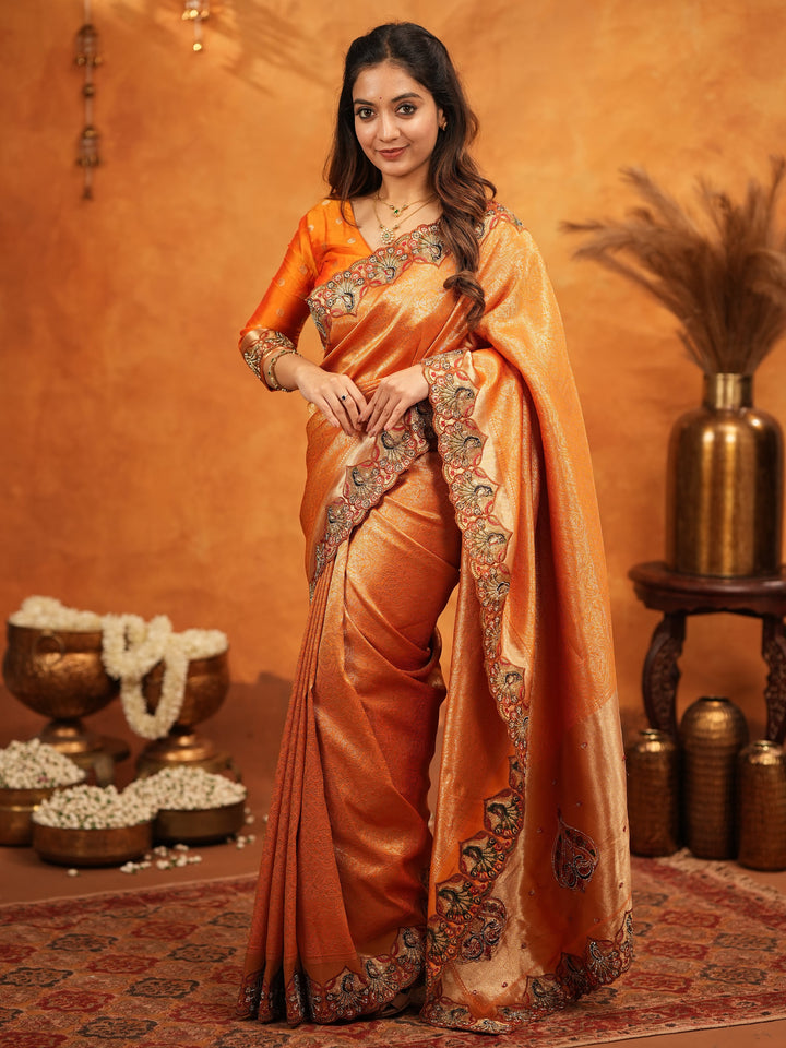 Rust Orange Banarasi Silk Embroidered Saree with Royal Floral Border & Zari Weaving | Heavy Embroidered Blouse with Tassels | Wedding & Festive Wear Saree
