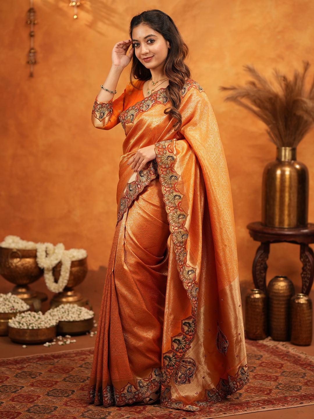 Rust Orange Banarasi Silk Embroidered Saree with Royal Floral Border & Zari Weaving | Heavy Embroidered Blouse with Tassels | Wedding & Festive Wear Saree