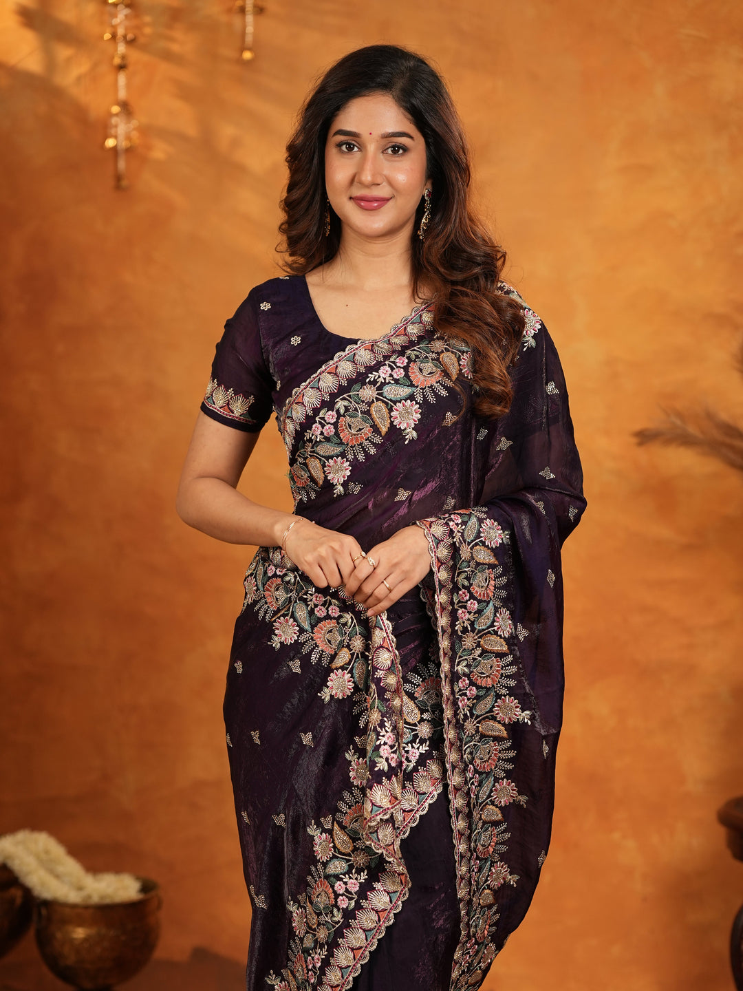 Deep Wine Purple Fendy Satin Embroidered Saree with Floral Border & Designer Pallu | Party Wear Saree with Heavy Embroidered Blouse