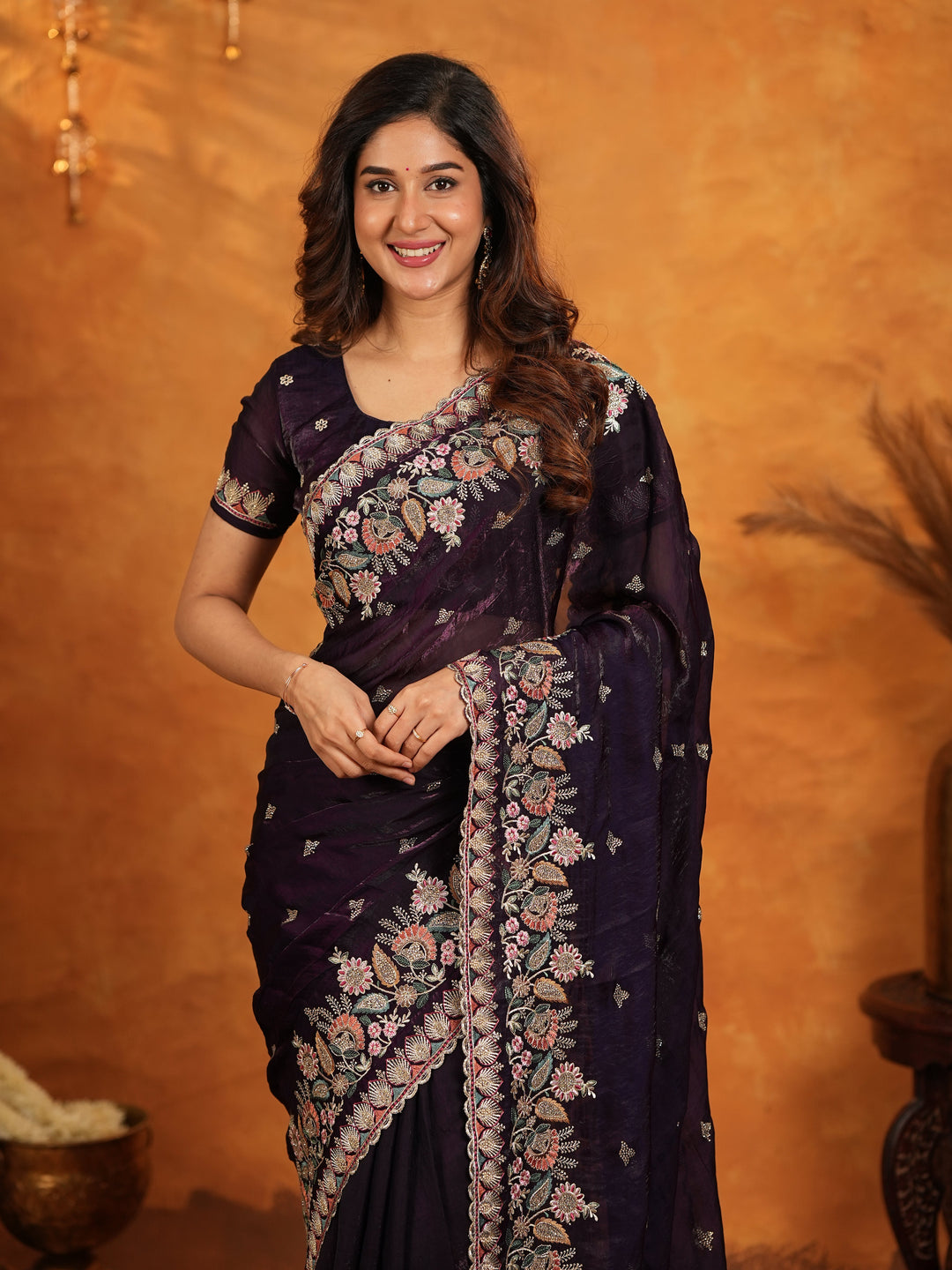 Deep Wine Purple Fendy Satin Embroidered Saree with Floral Border & Designer Pallu | Party Wear Saree with Heavy Embroidered Blouse
