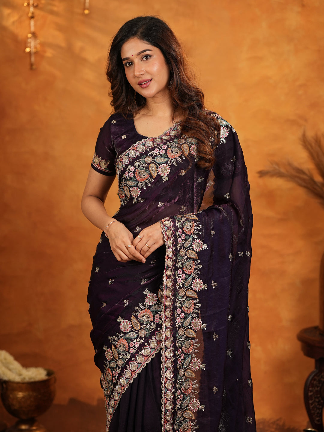 Deep Wine Purple Fendy Satin Embroidered Saree with Floral Border & Designer Pallu | Party Wear Saree with Heavy Embroidered Blouse