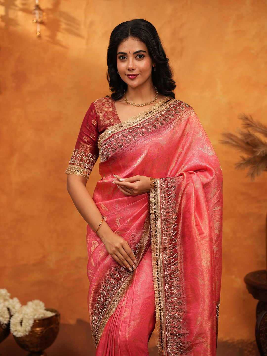 Graceful Coral Pink Banarasi Silk Saree with Rich Zari Border & Contrast Blouse | Designer Wedding & Festive Wear Saree
