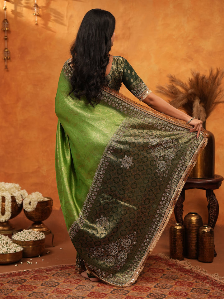 Elegant Parrot Green Banarasi Silk Saree with Rich Zari Border & Contrast Blouse | Designer Wedding & Festive Wear Saree