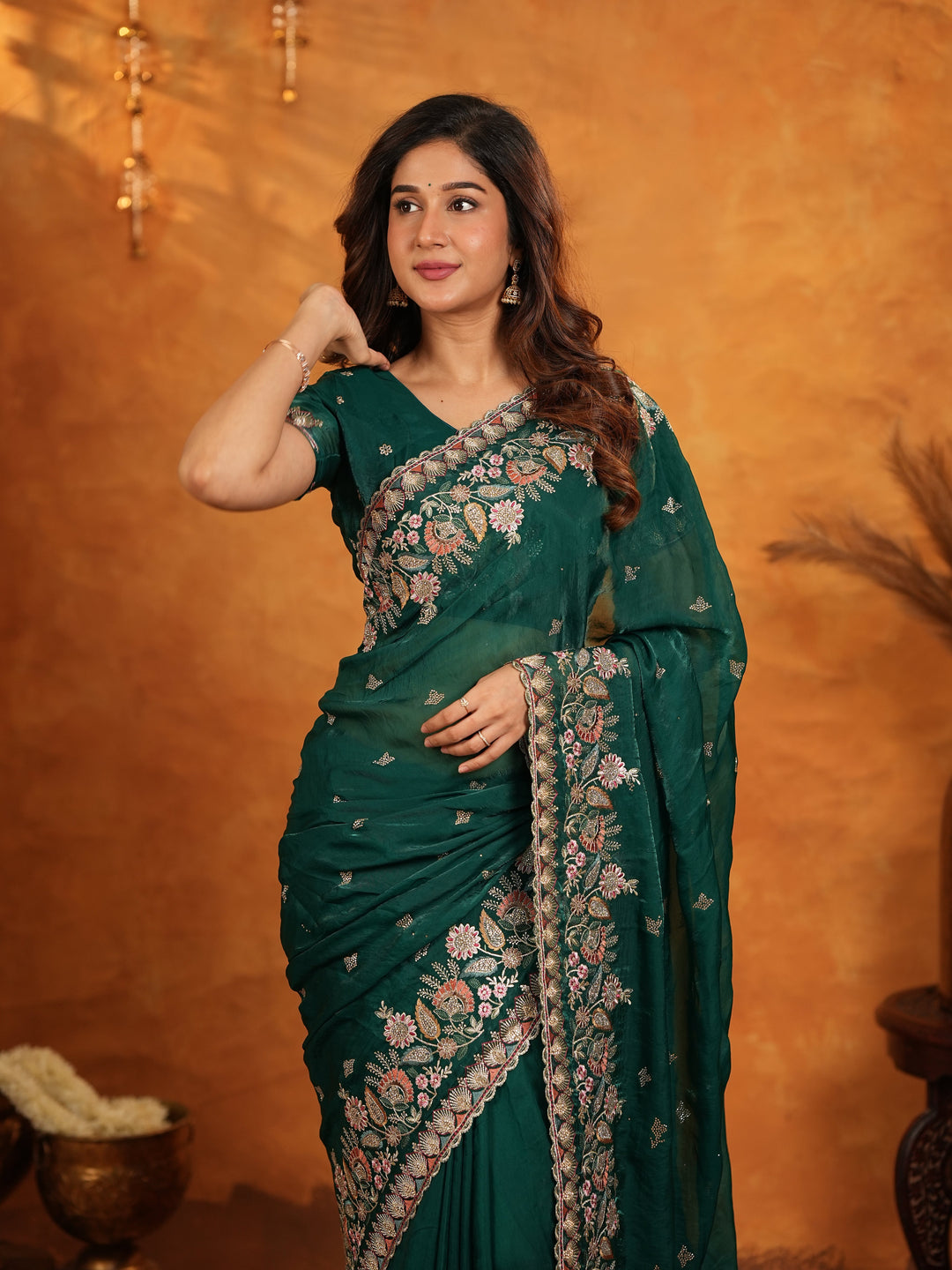 Emerald Green Fendy Satin Embroidered Saree with Heavy Floral Border & Tassels | Designer Saree with Rich Embroidered Blouse
