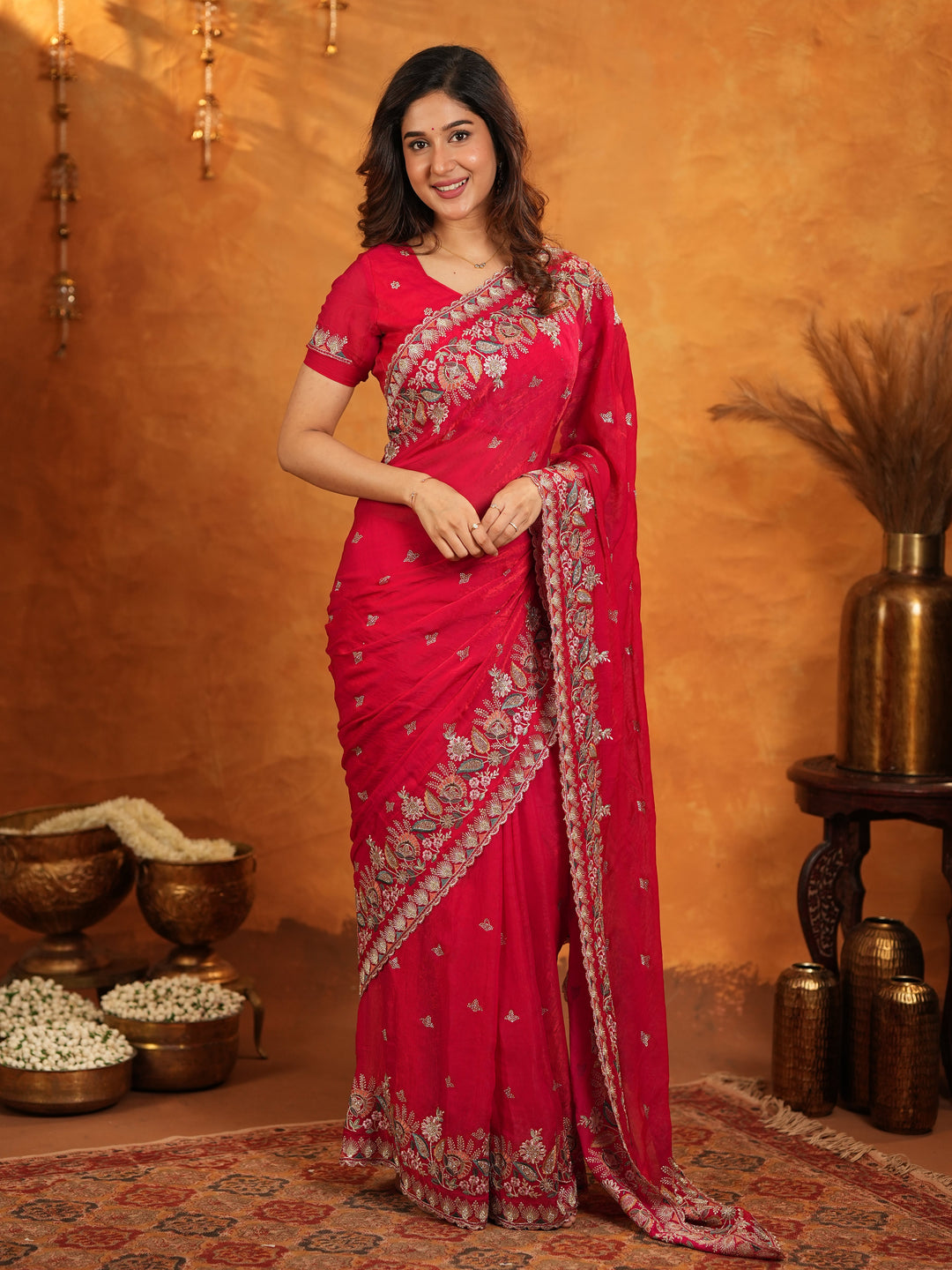 Rani Pink Fendy Satin Embroidered Saree with Heavy Floral Border & Designer Pallu | Festive Party Wear Saree with Embroidered Blouse