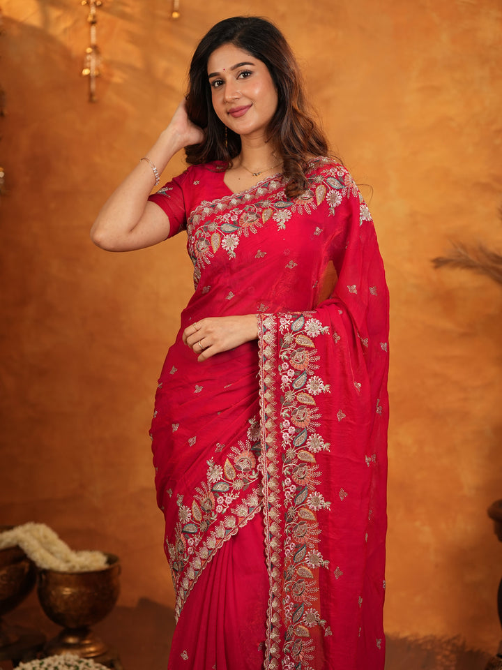 Rani Pink Fendy Satin Embroidered Saree with Heavy Floral Border & Designer Pallu | Festive Party Wear Saree with Embroidered Blouse