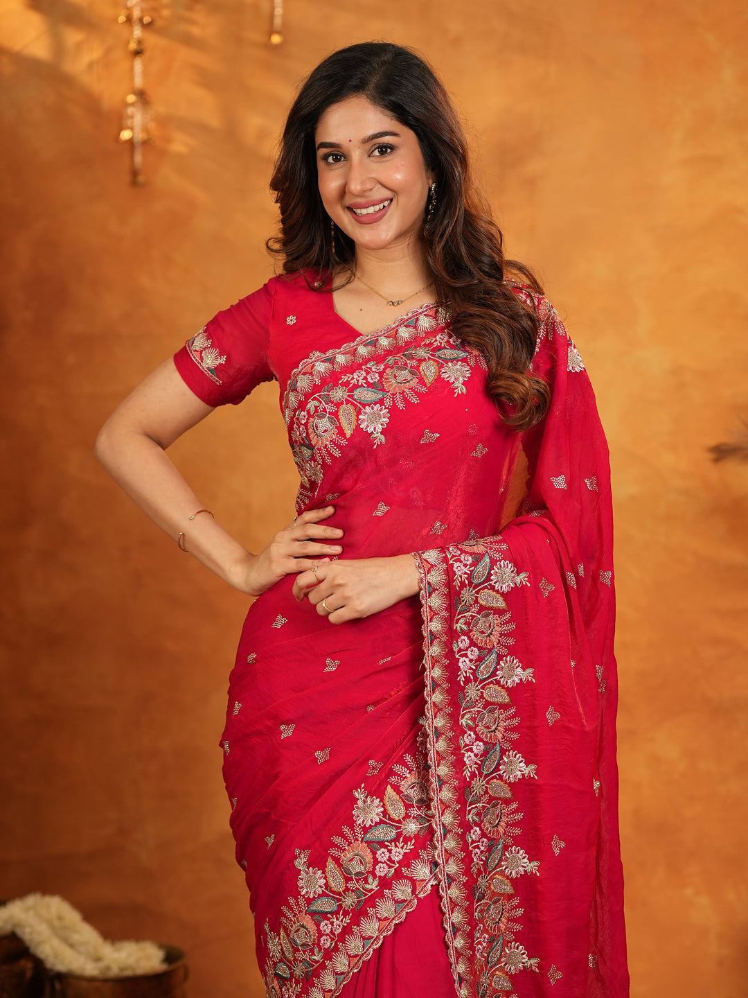 Rani Pink Fendy Satin Embroidered Saree with Heavy Floral Border & Designer Pallu | Festive Party Wear Saree with Embroidered Blouse