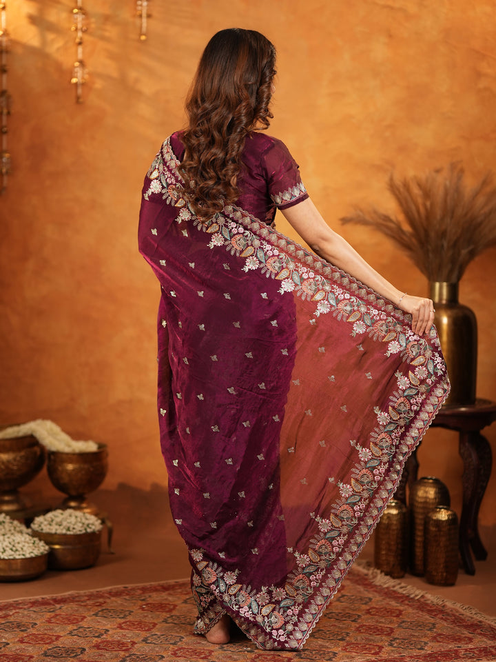Deep Wine Purple Fendy Satin Embroidered Saree with Heavy Floral Border & Tassels | Designer Saree with Rich Embroidered Blouse