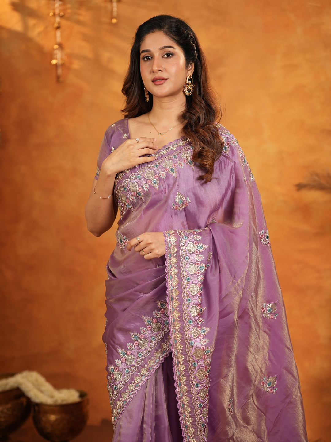 Lavender Purple Fendy Satin Embroidered Saree with Heavy Floral Border & Designer Pallu | Elegant Party Wear Saree with Embroidered Blouse