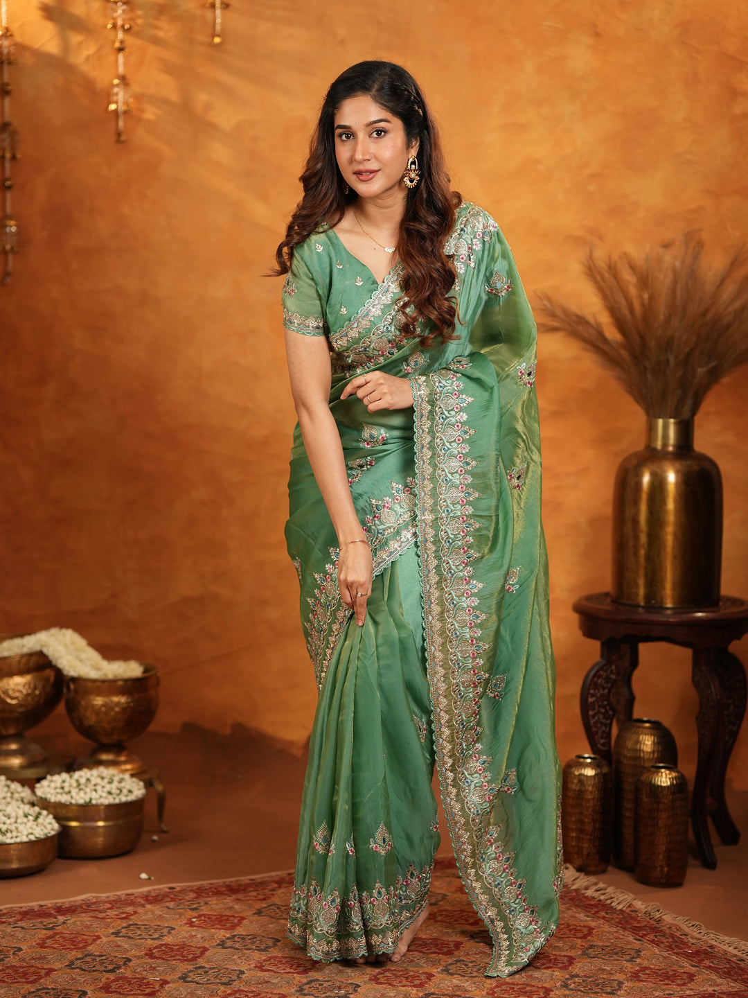 Elegant Mehendi Green Fendy Satin Embroidered Saree with Heavy Floral Border & Designer Pallu | Festive Wear Saree with Embroidered Blouse