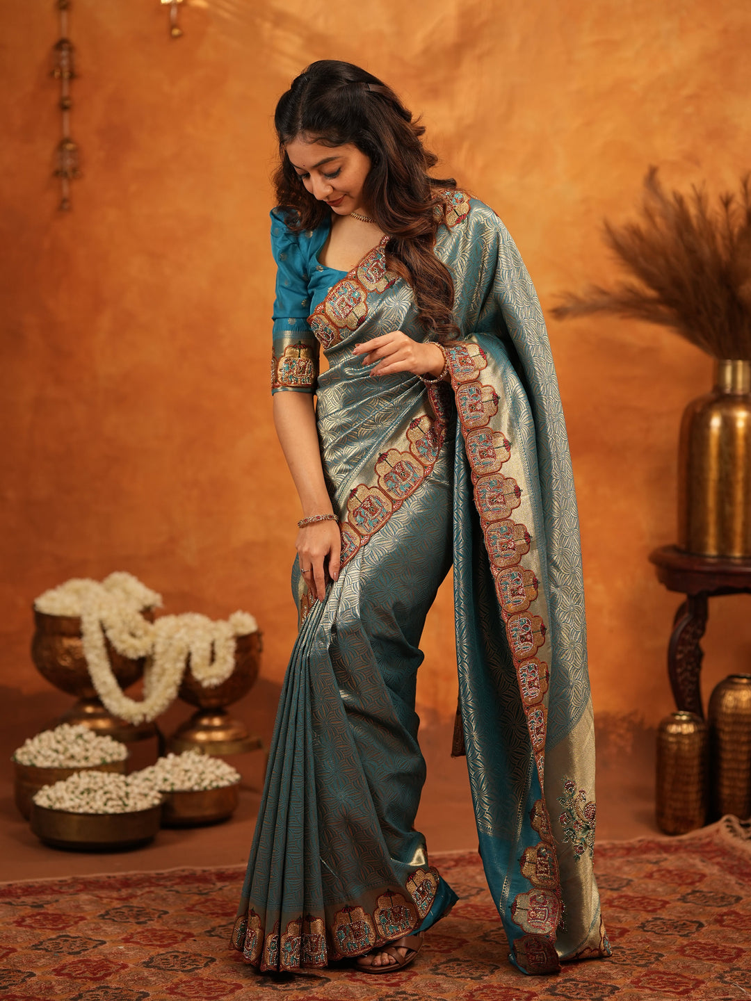 Teal Blue Banarasi Silk Saree with All-Over Zari Weaving & Ornamental Embroidered Border | Designer Wedding & Festive Wear Saree with Blouse