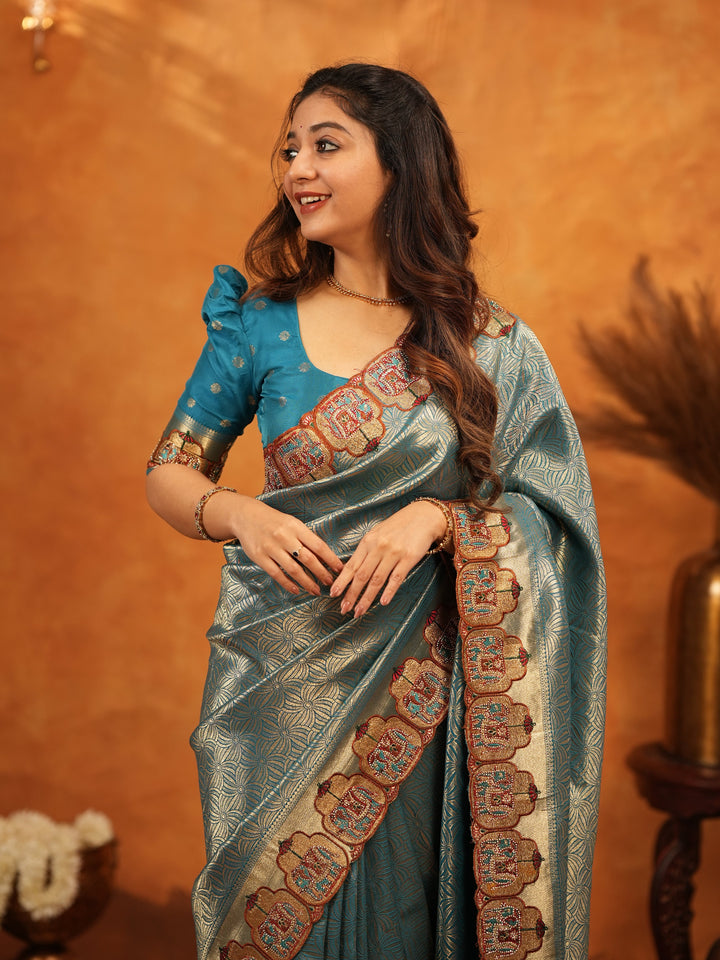 Teal Blue Banarasi Silk Saree with All-Over Zari Weaving & Ornamental Embroidered Border | Designer Wedding & Festive Wear Saree with Blouse
