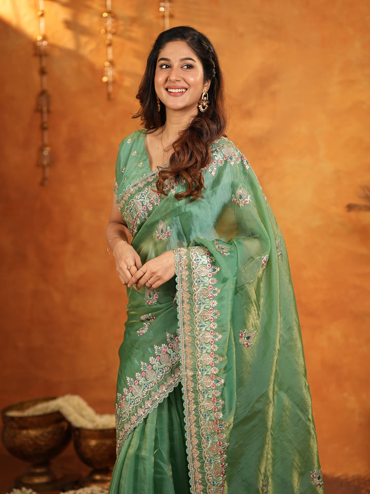 Elegant Mehendi Green Fendy Satin Embroidered Saree with Heavy Floral Border & Designer Pallu | Festive Wear Saree with Embroidered Blouse