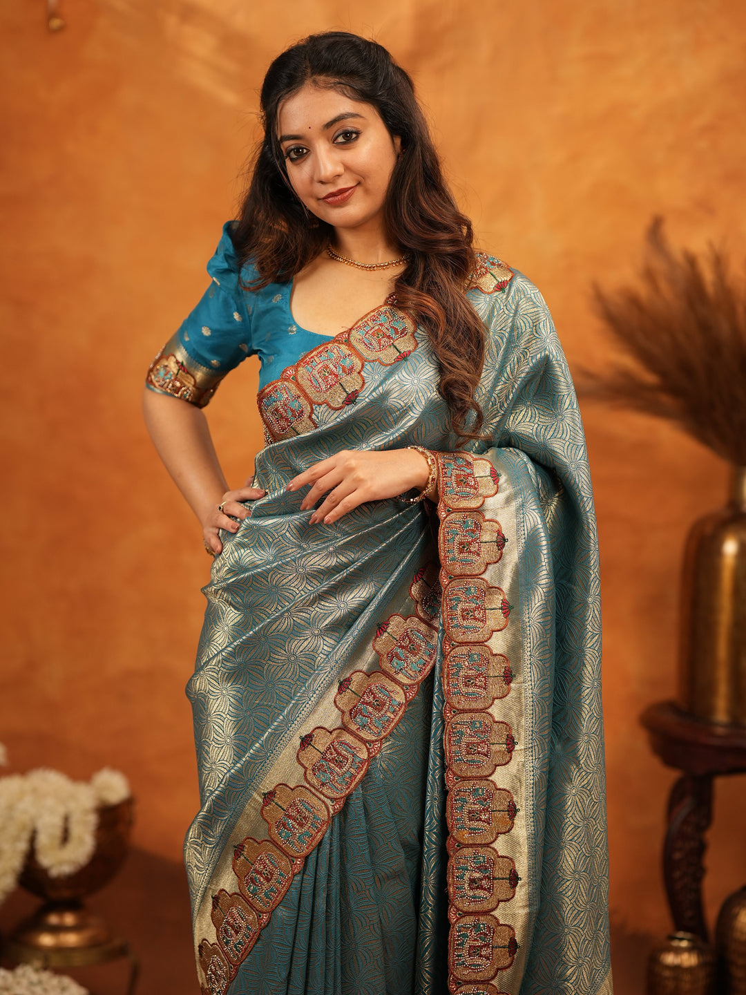 Teal Blue Banarasi Silk Saree with All-Over Zari Weaving & Ornamental Embroidered Border | Designer Wedding & Festive Wear Saree with Blouse