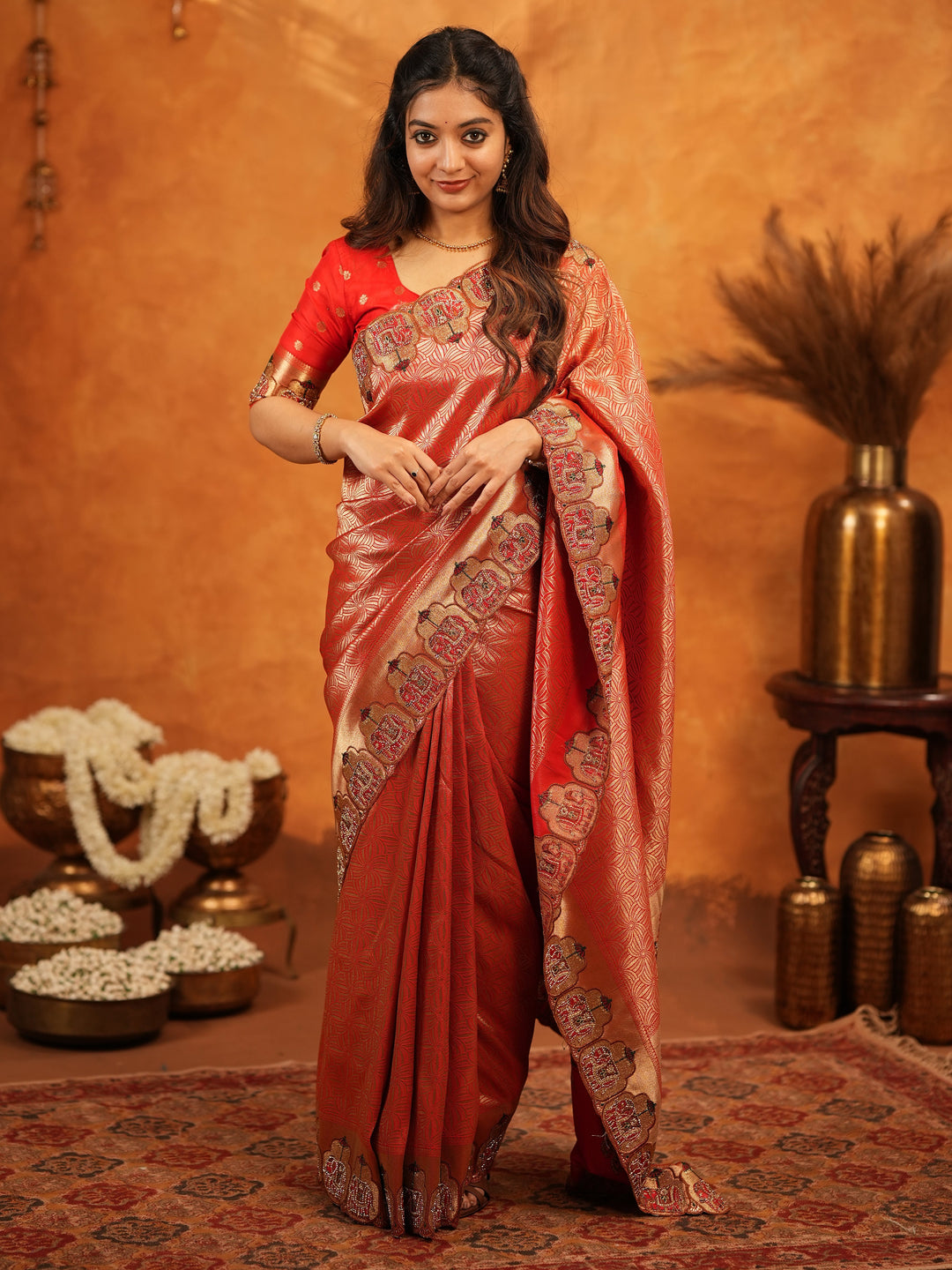 Tomato Red Banarasi Silk Saree with Rich Zari Weaving & Designer Embroidered Border | Elegant Wedding & Festive Wear Saree with Blouse & Tassels
