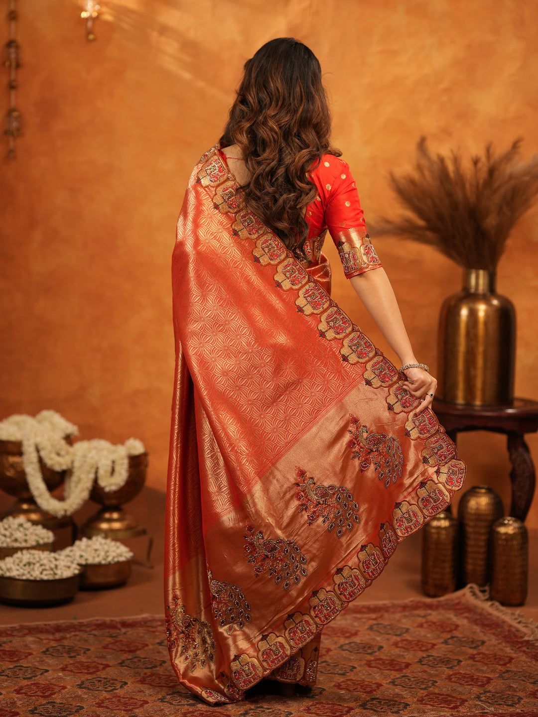 Tomato Red Banarasi Silk Saree with Rich Zari Weaving & Designer Embroidered Border | Elegant Wedding & Festive Wear Saree with Blouse & Tassels