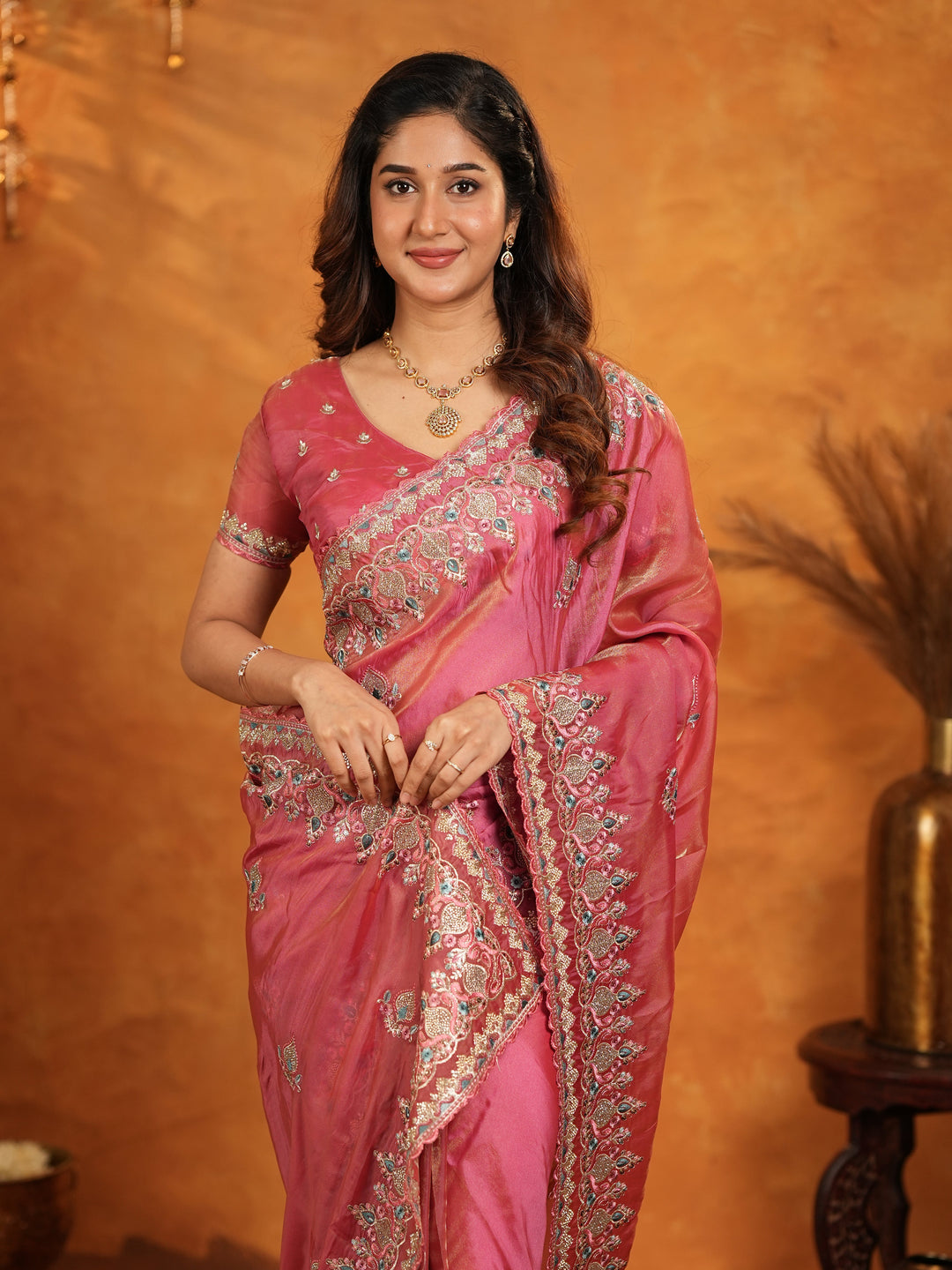 Dusty Rose Pink Fendy Satin Embroidered Saree with Heavy Floral Border & Designer Pallu | Elegant Festive Wear Saree with Embroidered Blouse