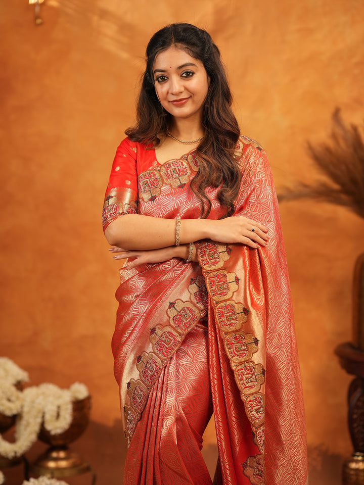 Tomato Red Banarasi Silk Saree with Rich Zari Weaving & Designer Embroidered Border | Elegant Wedding & Festive Wear Saree with Blouse & Tassels
