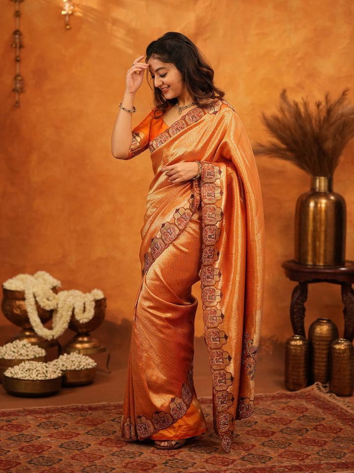 Rust Orange Banarasi Silk Saree with All-Over Zari Weaving & Designer Embroidered Border | Festive Wedding Wear Saree with Blouse & Tassels