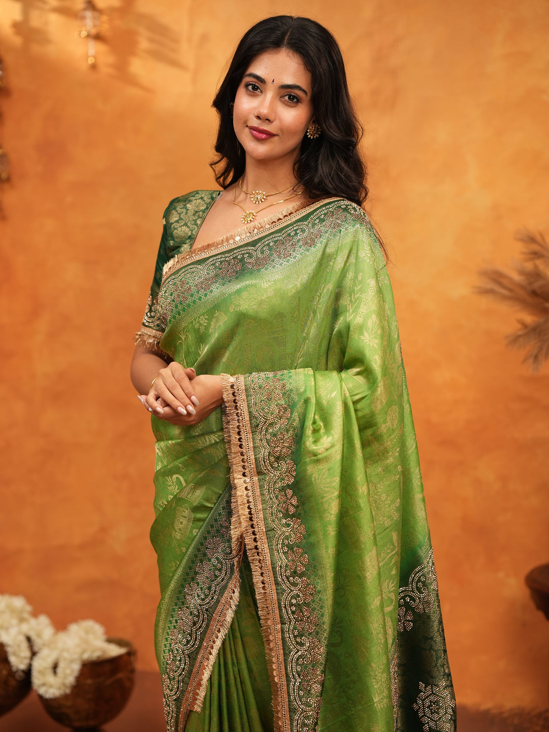 Emerald Green Banarasi Silk Saree with Intricate Zari Border & Rich Woven Pallu | Designer Festive & Wedding Wear Saree