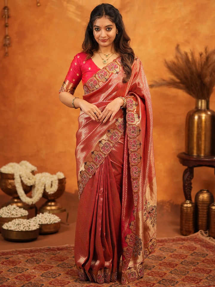 Deep Coral Red Banarasi Silk Saree with All-Over Zari Weaving & Designer Embroidered Border | Elegant Wedding & Festive Wear Saree with Blouse & Tassels