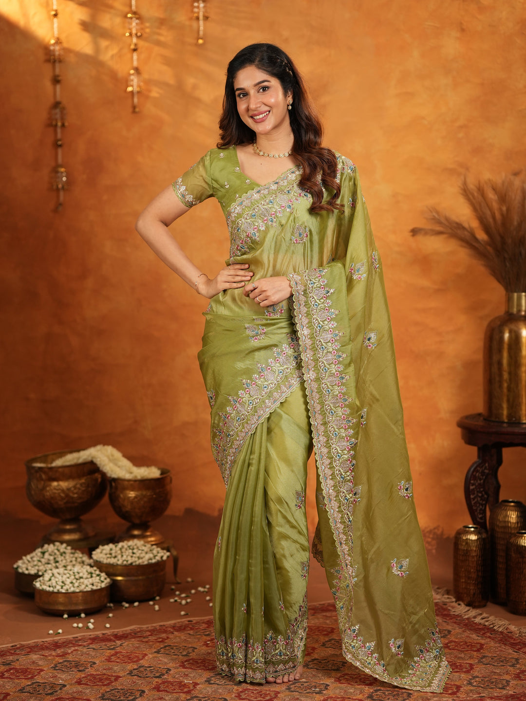 Olive Green Fendy Satin Embroidered Saree with Heavy Floral Border & Designer Pallu | Elegant Festive Wear Saree with Embroidered Blouse