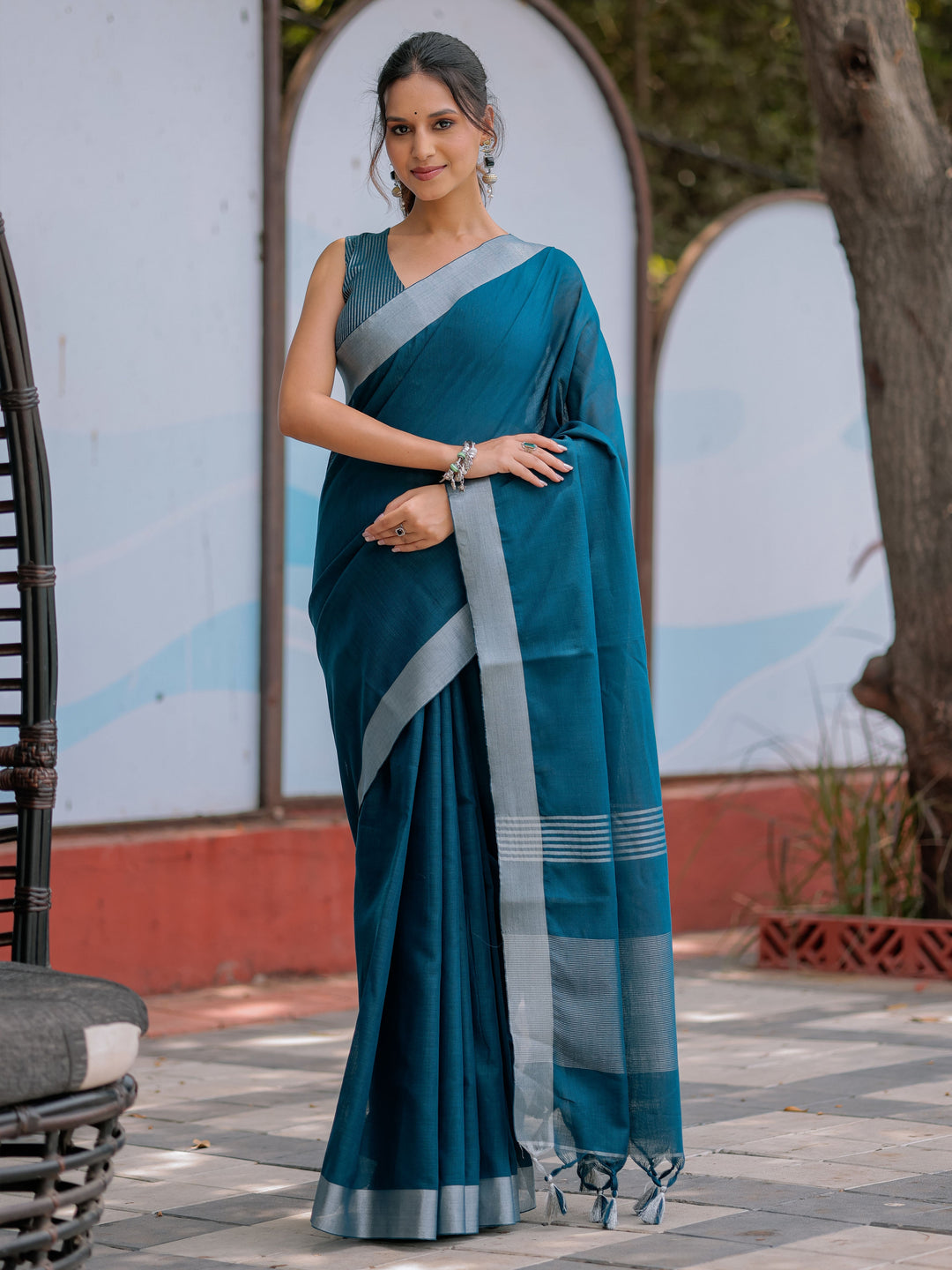 Elegant Teal Blue Pure Handloom Cotton Saree with Silver Border & Tassel Detailing
