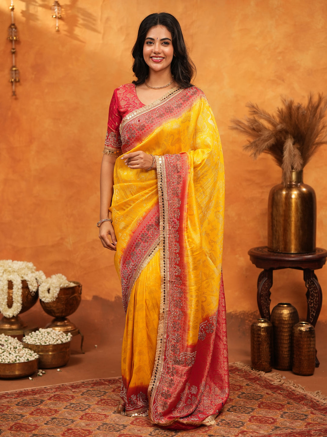 Sunshine Yellow & Red Banarasi Silk Saree with Rich Zari Border & Contrast Pallu | Designer Festive & Wedding Wear Saree
