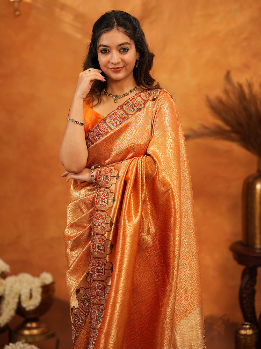 Rust Orange Banarasi Silk Saree with All-Over Zari Weaving & Designer Embroidered Border | Festive Wedding Wear Saree with Blouse & Tassels