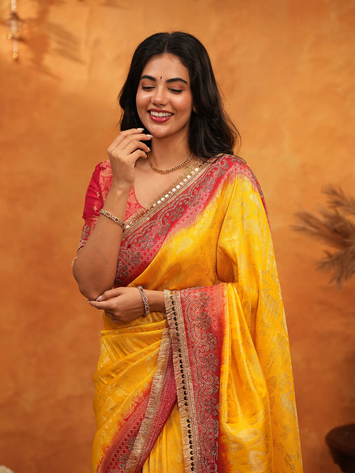 Sunshine Yellow & Red Banarasi Silk Saree with Rich Zari Border & Contrast Pallu | Designer Festive & Wedding Wear Saree