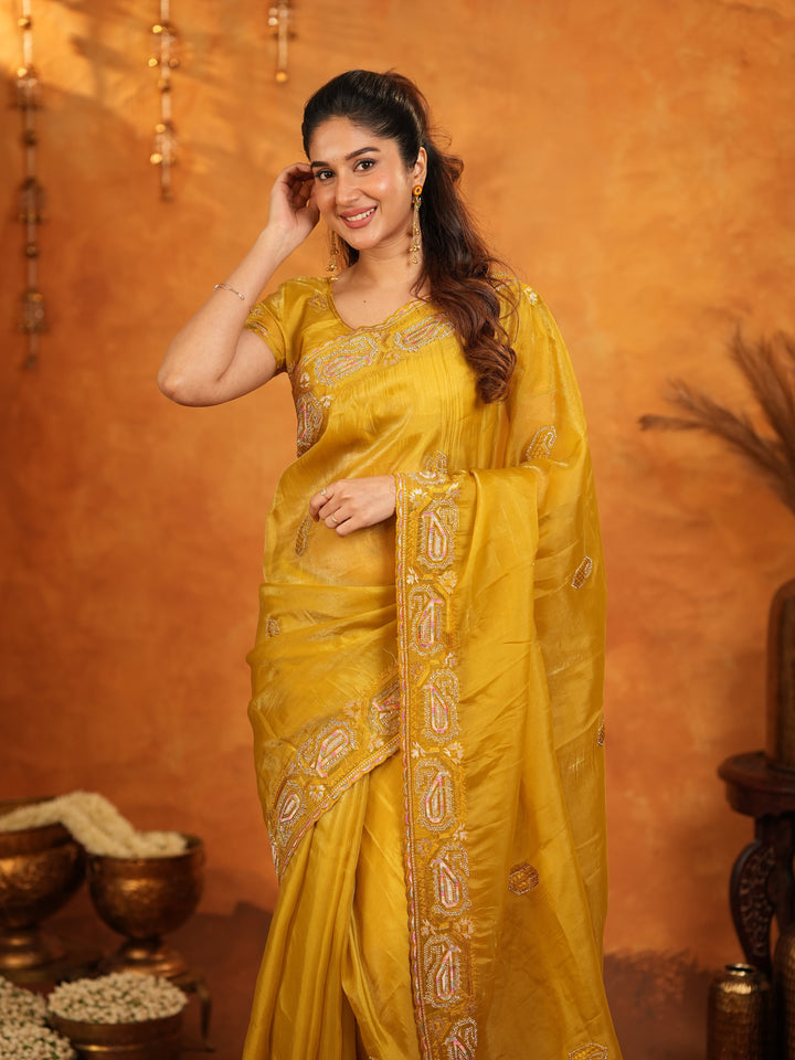 Mustard Yellow Fendy Satin Embroidered Saree with Geometric Border & Rich Designer Pallu | Festive Wedding Wear Saree with Blouse