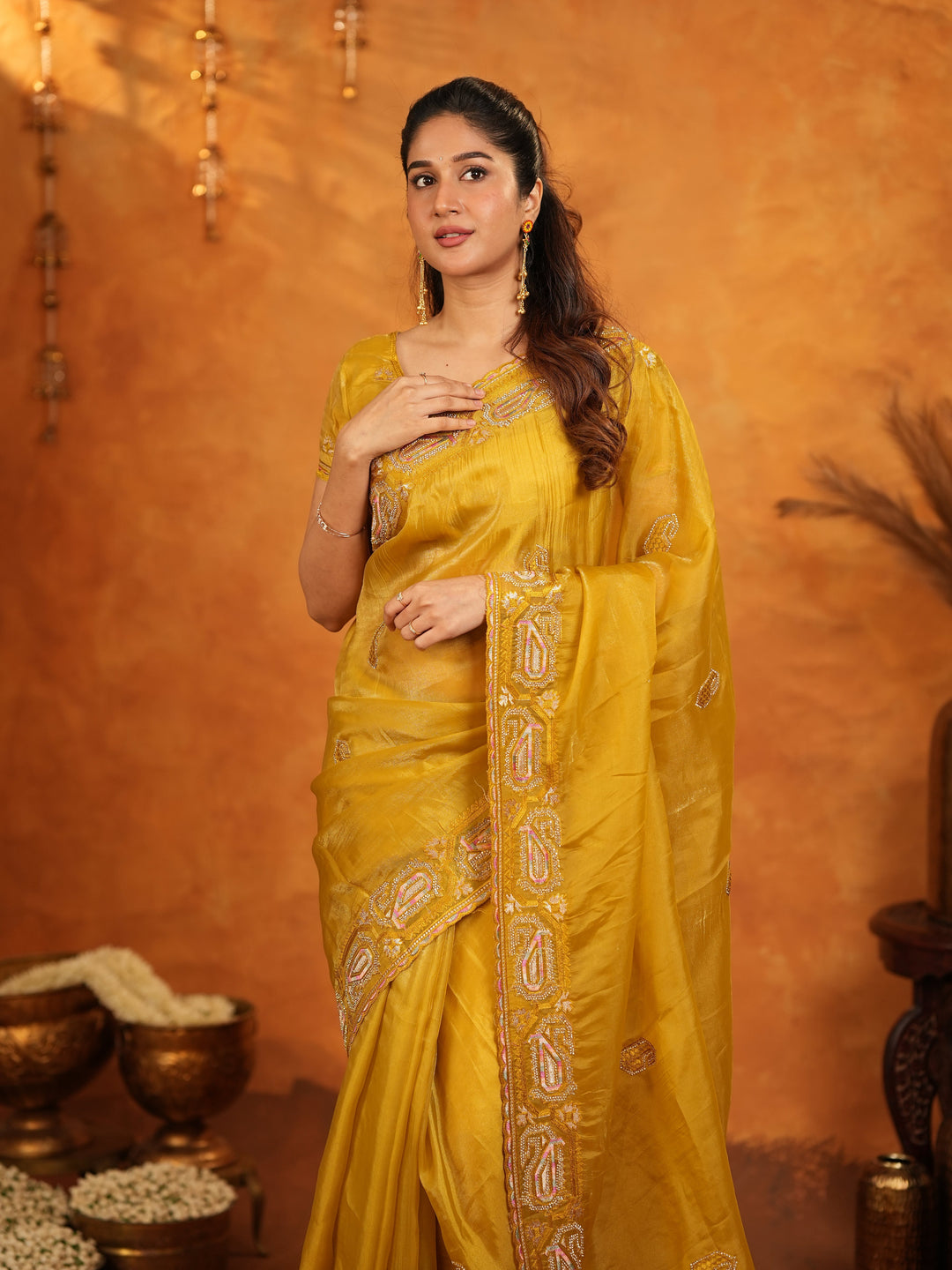 Mustard Yellow Fendy Satin Embroidered Saree with Geometric Border & Rich Designer Pallu | Festive Wedding Wear Saree with Blouse
