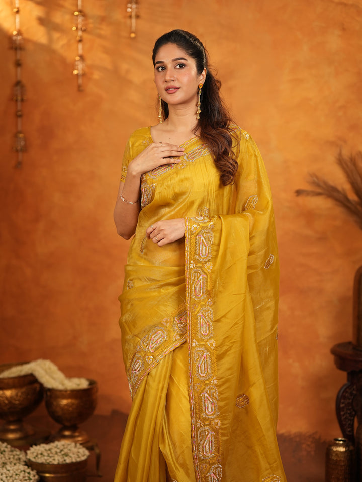 Mustard Yellow Fendy Satin Embroidered Saree with Geometric Border & Rich Designer Pallu | Festive Wedding Wear Saree with Blouse