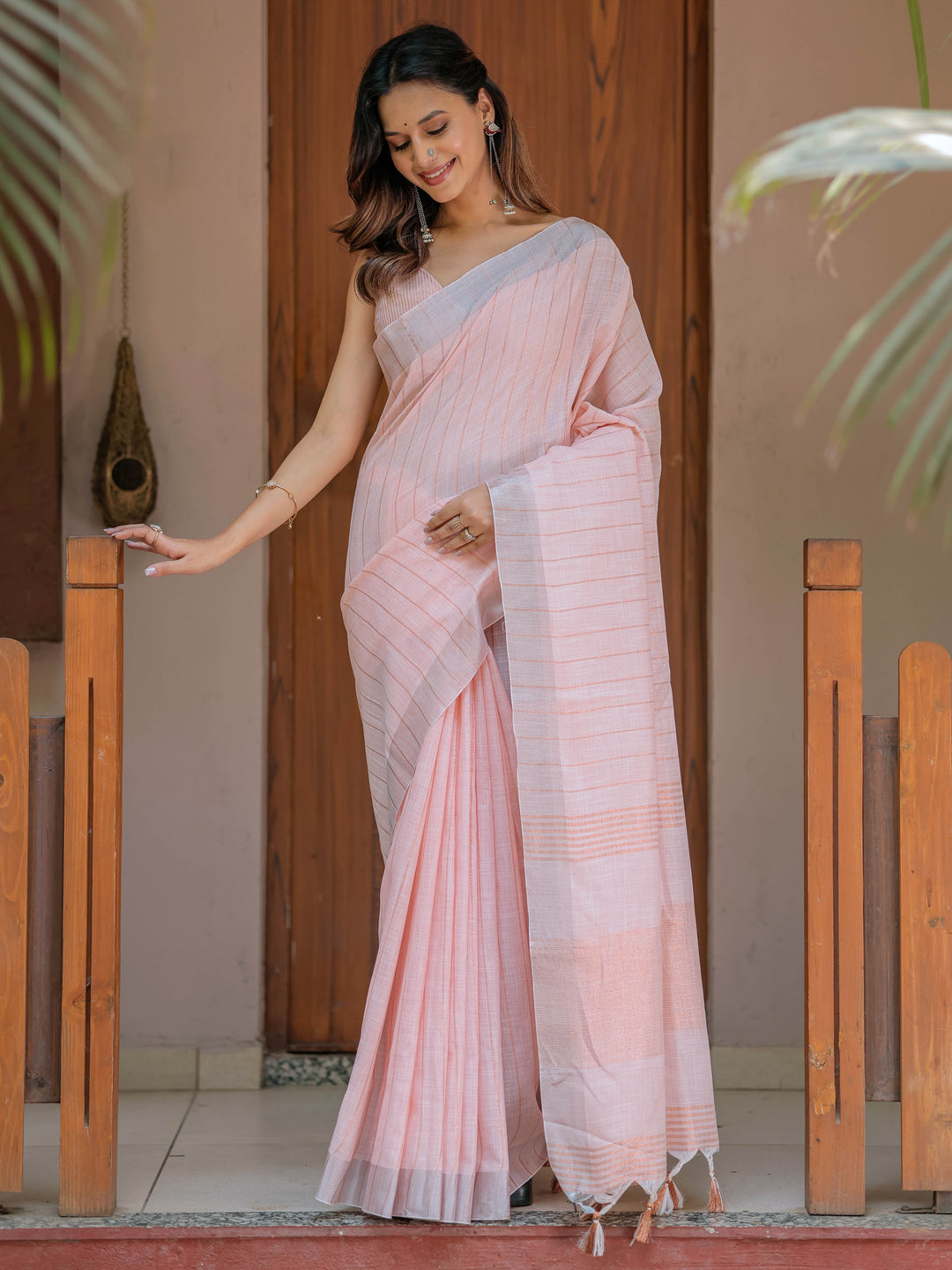 Soft Baby Pink Handloom Cotton Saree with Silver Border & Tassel Detailing