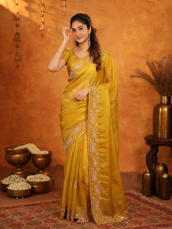 Mustard Yellow Fendy Satin Embroidered Saree with Geometric Border & Rich Designer Pallu | Festive Wedding Wear Saree with Blouse