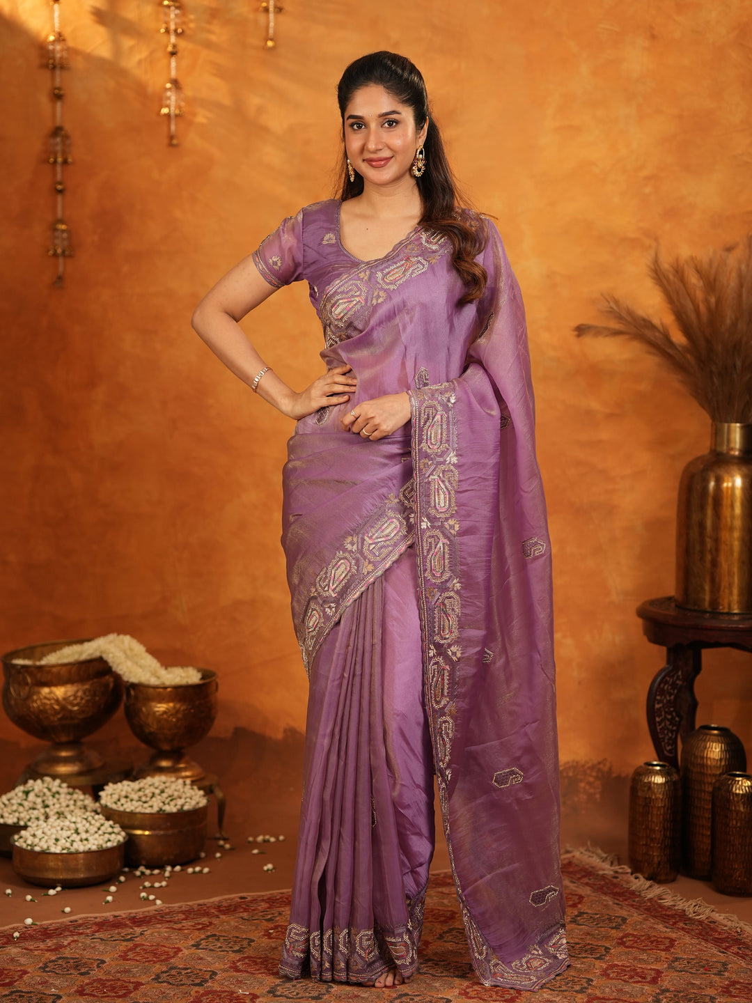 Lavender Purple Fendy Satin Embroidered Saree with Geometric Border & Elegant Designer Pallu | Festive & Wedding Wear Saree with Blouse