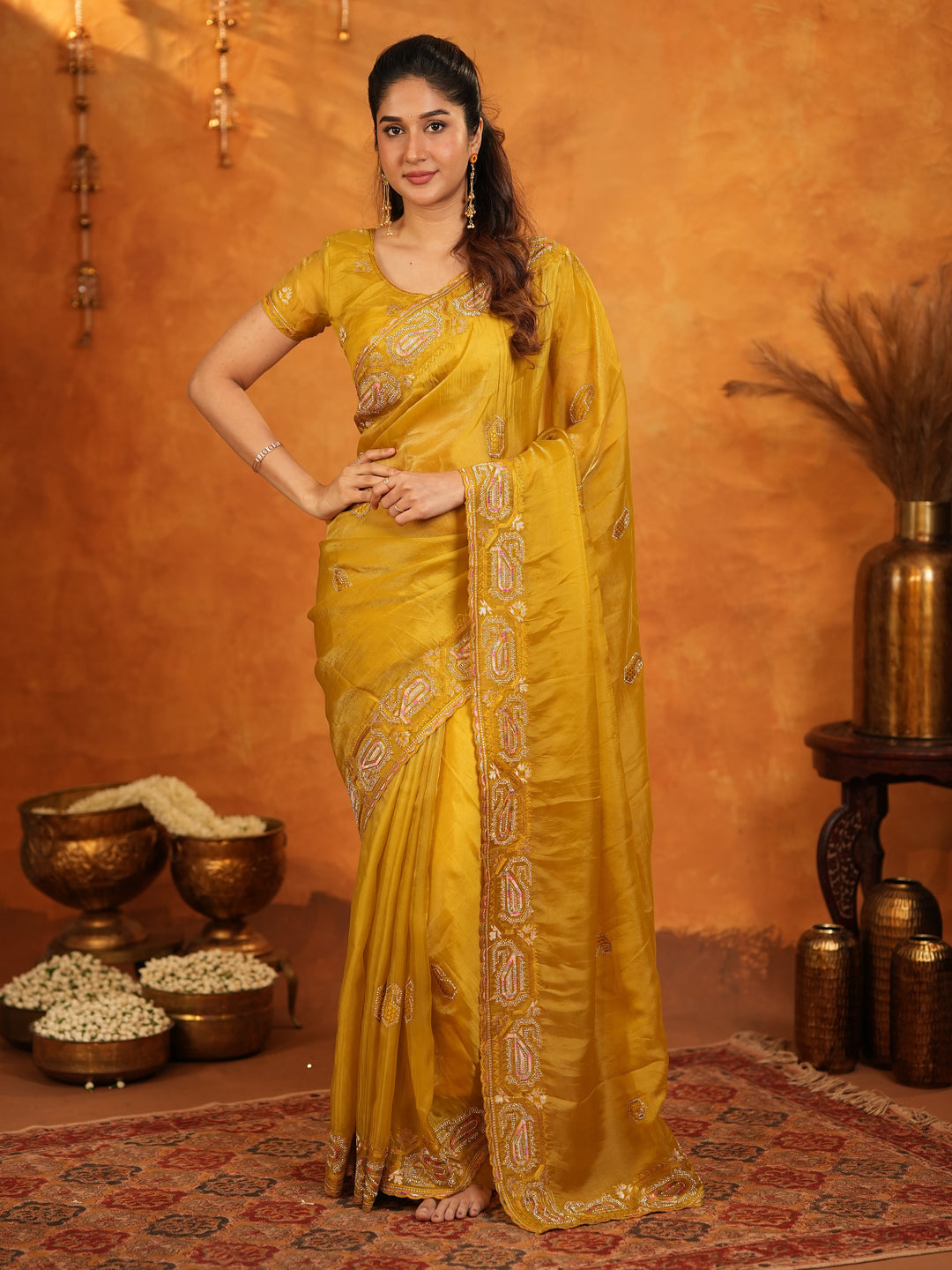 Mustard Yellow Fendy Satin Embroidered Saree with Geometric Border & Rich Designer Pallu | Festive Wedding Wear Saree with Blouse