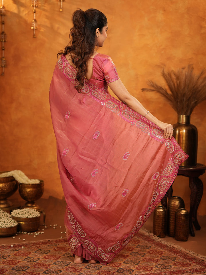 Rose Pink Fendy Satin Embroidered Saree with Geometric Border & Elegant Designer Pallu | Festive & Wedding Wear Saree with Blouse