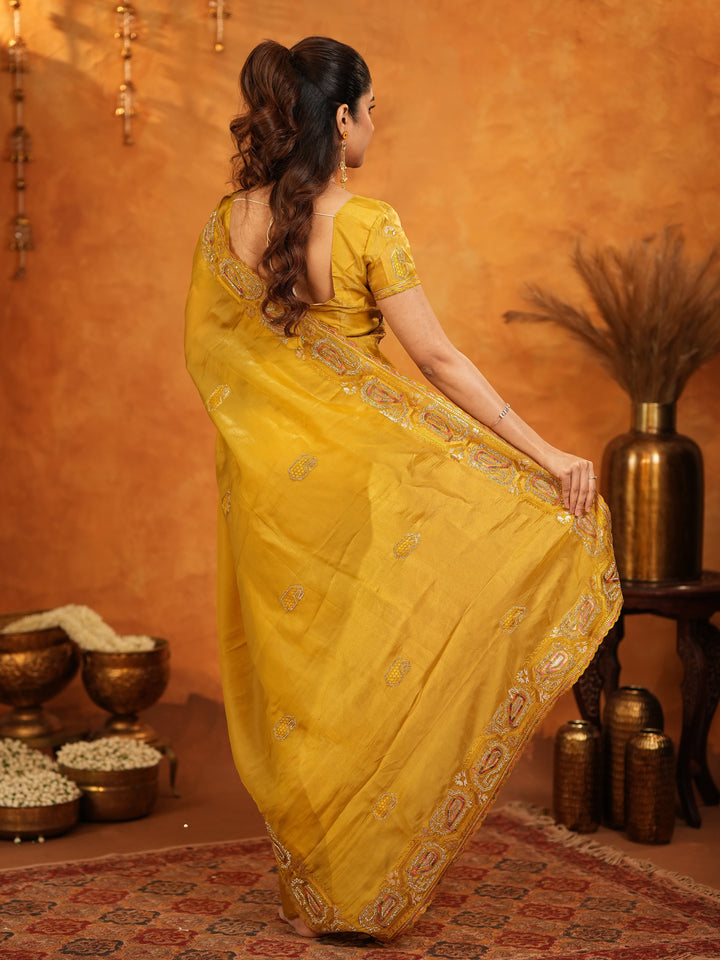 Mustard Yellow Fendy Satin Embroidered Saree with Geometric Border & Rich Designer Pallu | Festive Wedding Wear Saree with Blouse