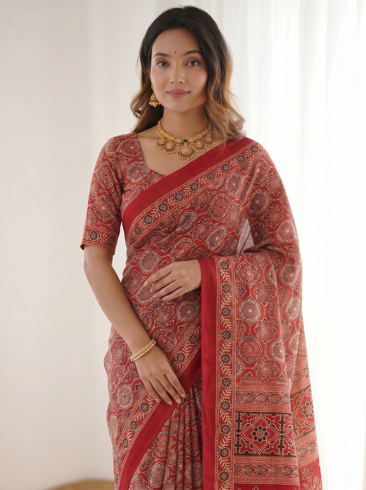 Ruby Red Pure Modal Silk Saree with Heritage Ajrakh Inspired Print & Traditional Designer Pallu