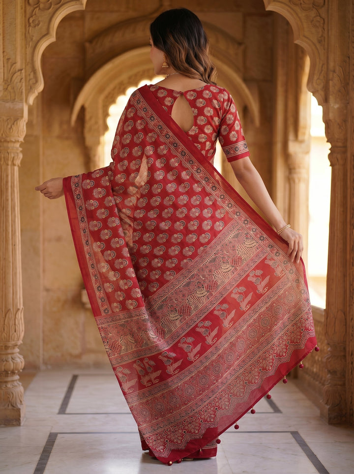 Royal Crimson Red Pure Modal Silk Saree with Heritage Floral Buti Print & Traditional Designer Pallu