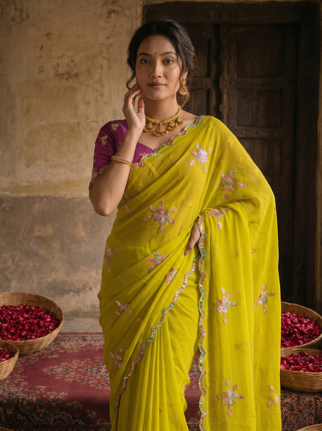 Lime Yellow Georgette Embroidered Saree with Floral Sequin Work & Contrast Magenta Blouse