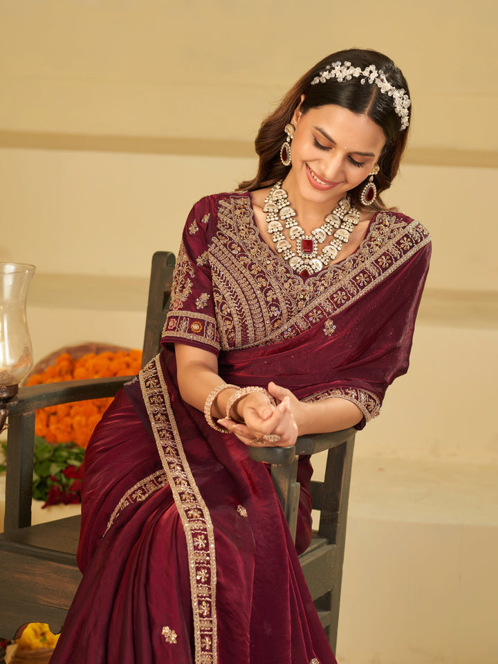 Wine Purple Designer Fendy Satin Saree with Heavy Embroidered Blouse & Zari Border | Premium Wedding & Festive Wear Saree