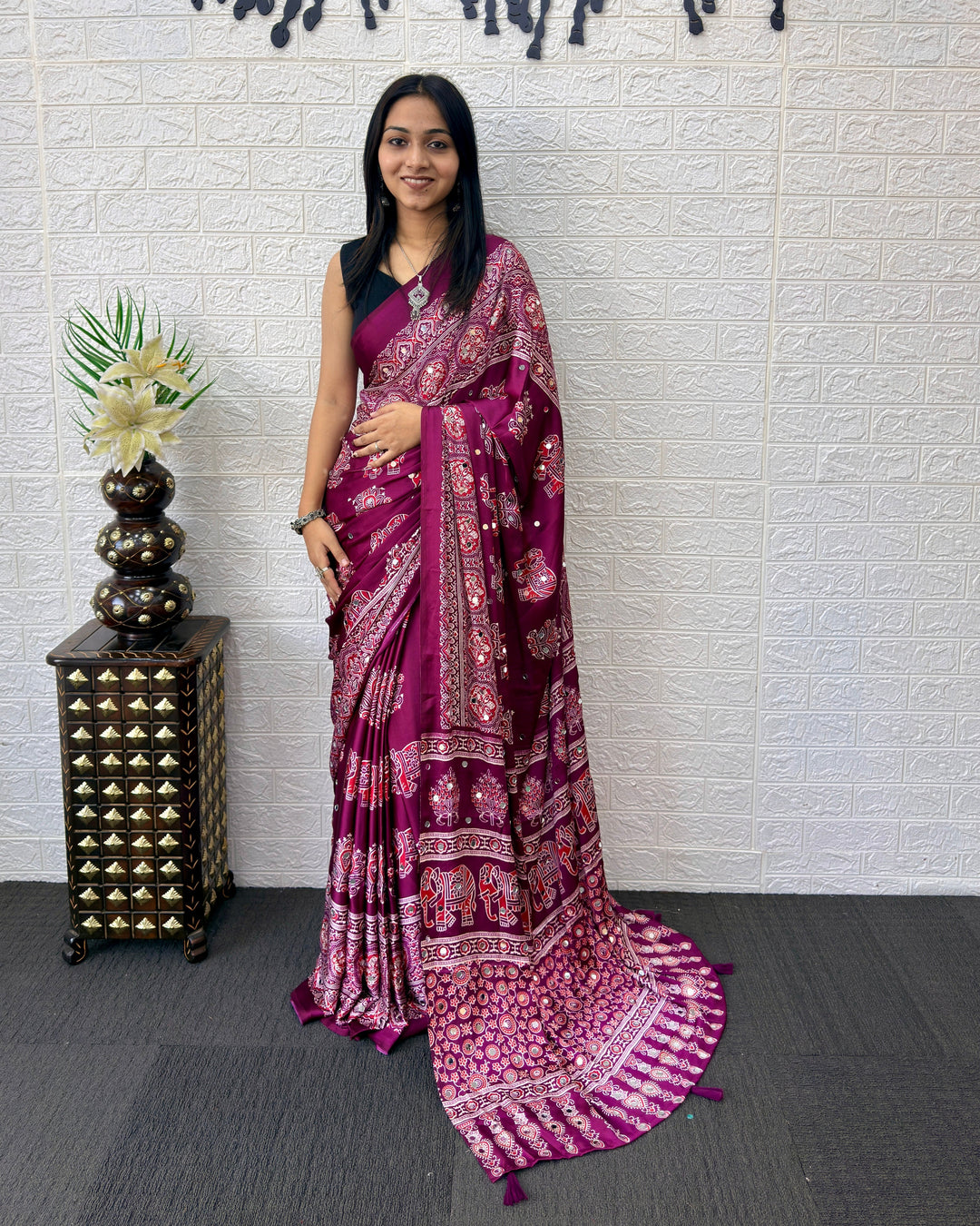 Plum Purple Modal Silk Saree with Elephant Motif Print & Heritage Designer Pallu | Traditional Festive Wear Saree