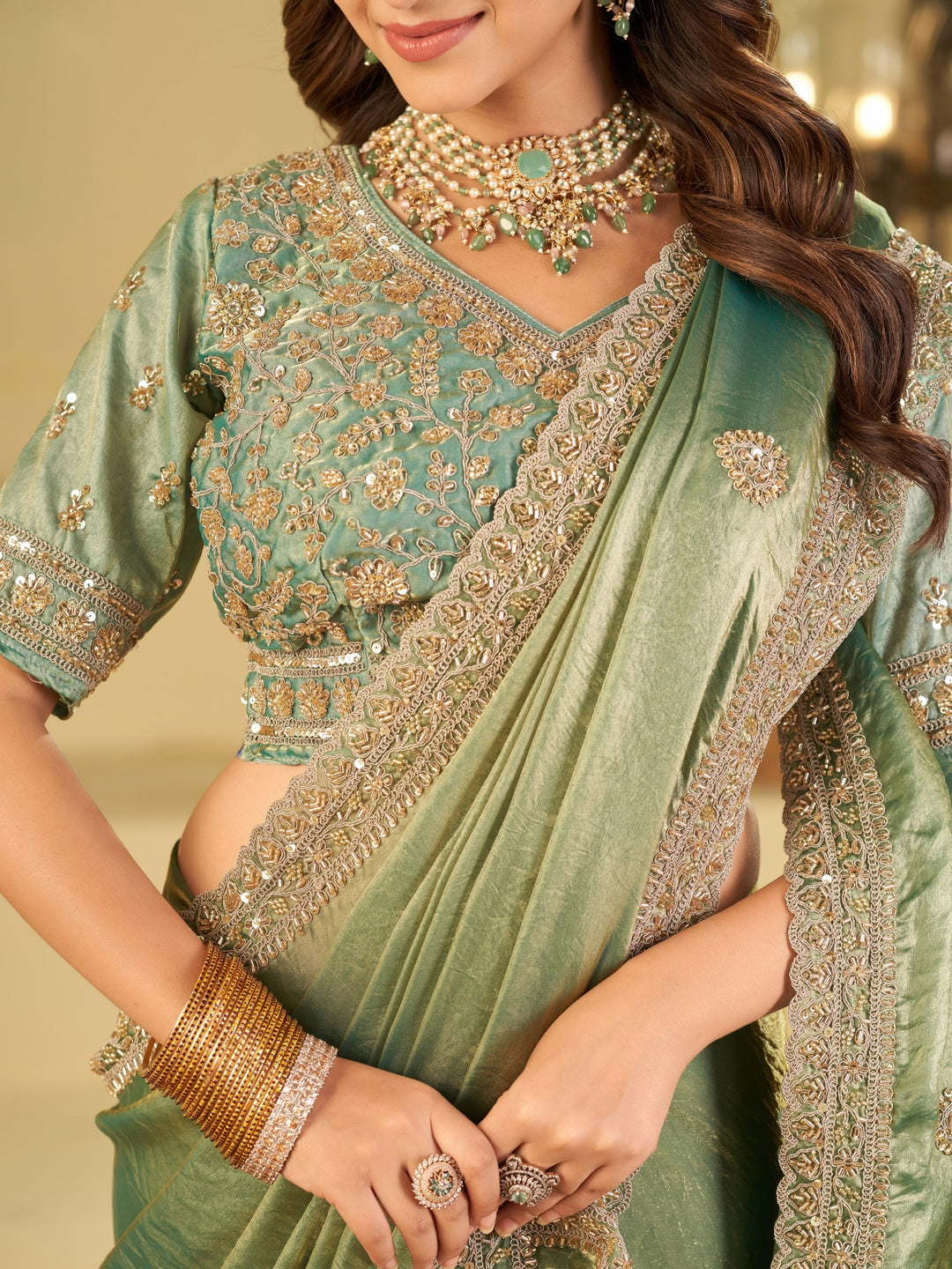 Sea Green Designer Fendy Satin Saree with Heavy Embroidered Blouse & Sequin Border | Premium Wedding Party Wear Saree