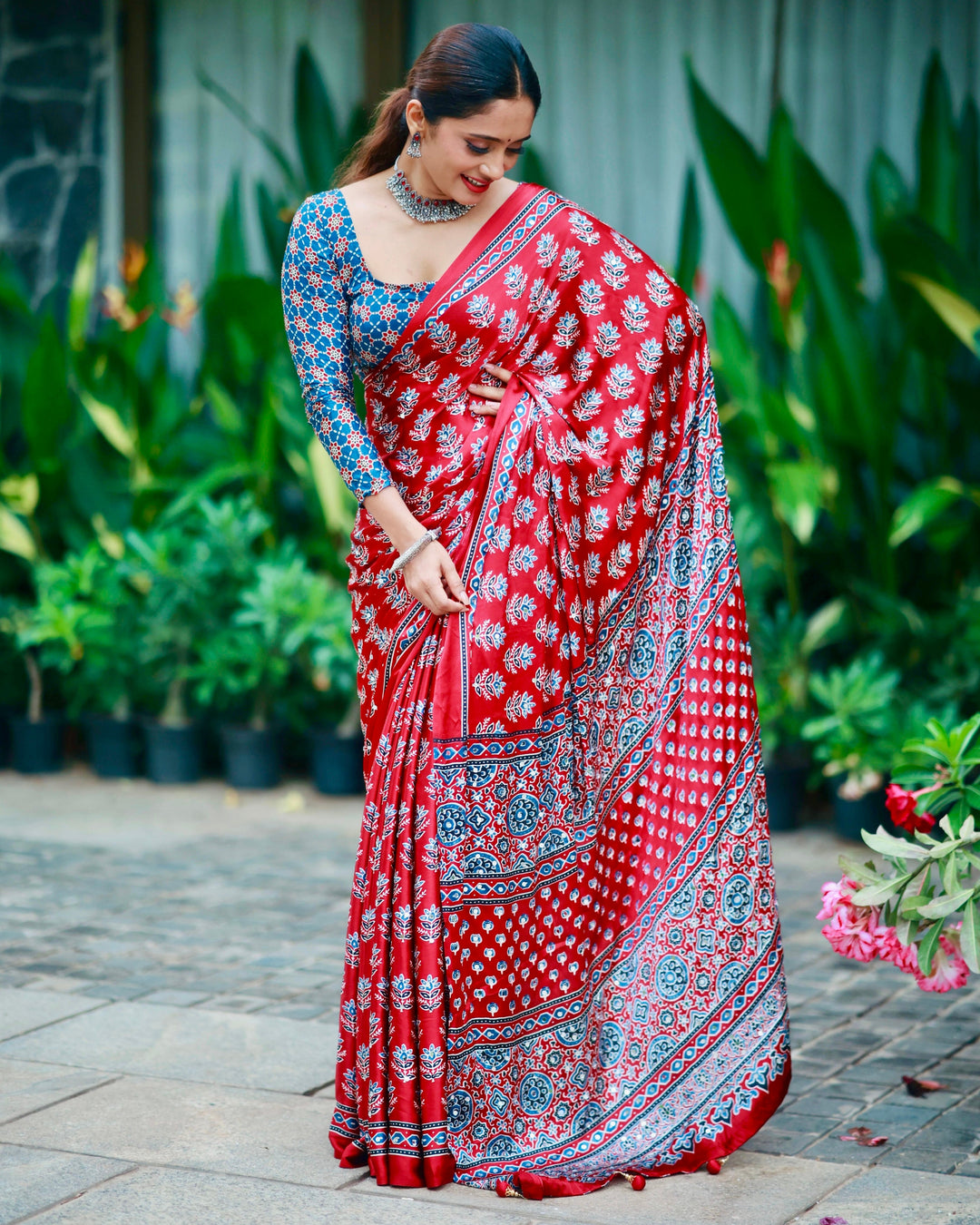 Scarlet Red Pure Modal Silk Saree with Ajrakh Inspired Floral Print & Traditional Heritage Pallu