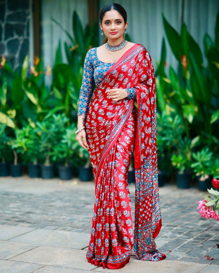 Scarlet Red Pure Modal Silk Saree with Ajrakh Inspired Floral Print & Traditional Heritage Pallu